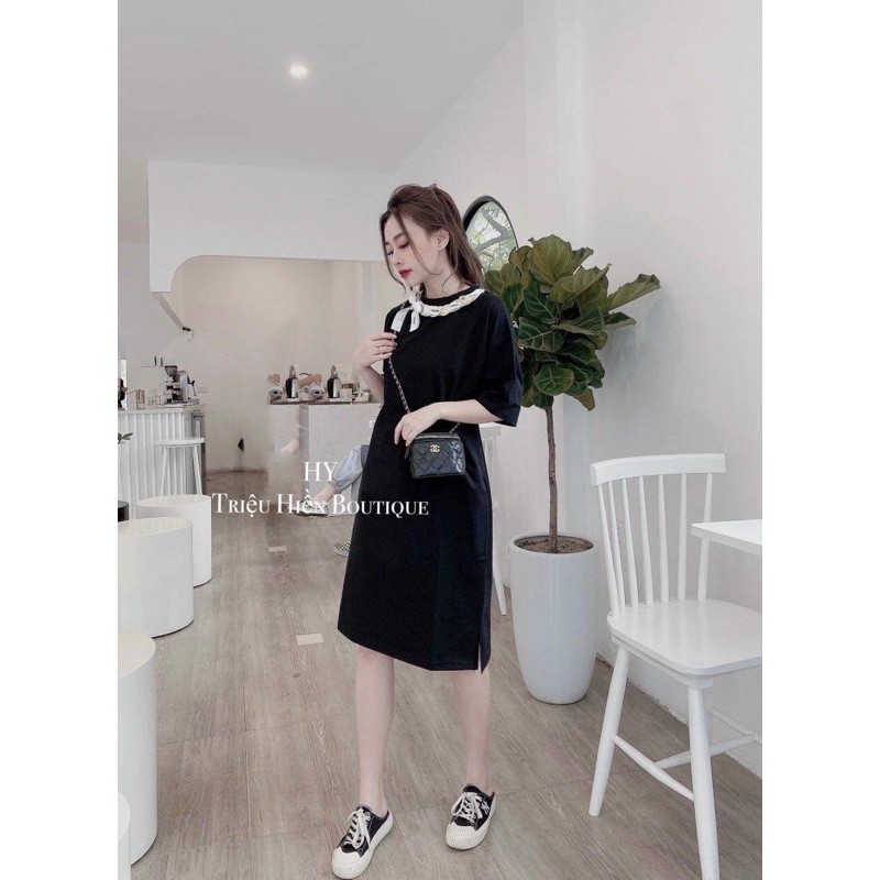 VÁY SUÔNG CỔ NƠ 2 MÀU ĐEN HỒNG CỰC XINH