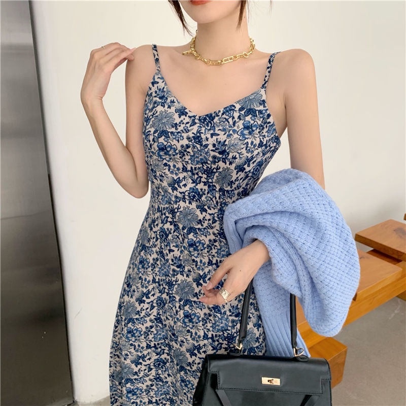 Đầm Dài Hai Dây Dáng Ôm In Hoa Kiểu Retro Pháp Dễ Thương Cho Bạn Gái