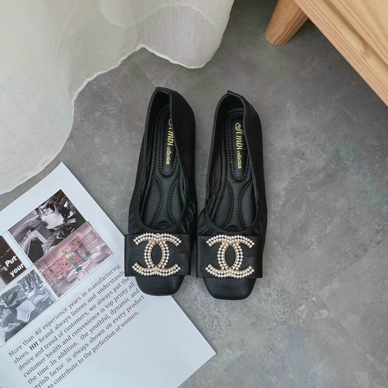 Giày búp bê đế mềm da mềm nơ chữ đá