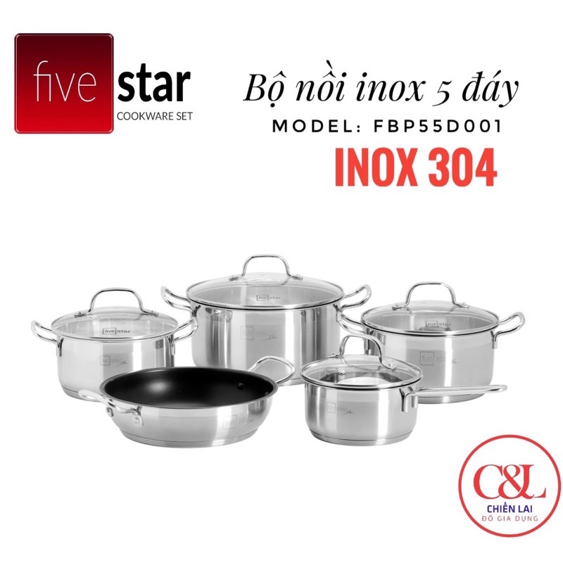 ❄️BỘ NỒI FIVESTART 5 MÓN NẮP VUNG KÍNH 5 ĐÁY INOX 304.