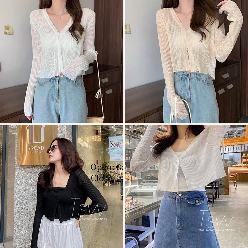 Áo Khoác Cardigan Len Mỏng 1 Cúc Dáng Croptop, Áo Cardigan Voan Mỏng