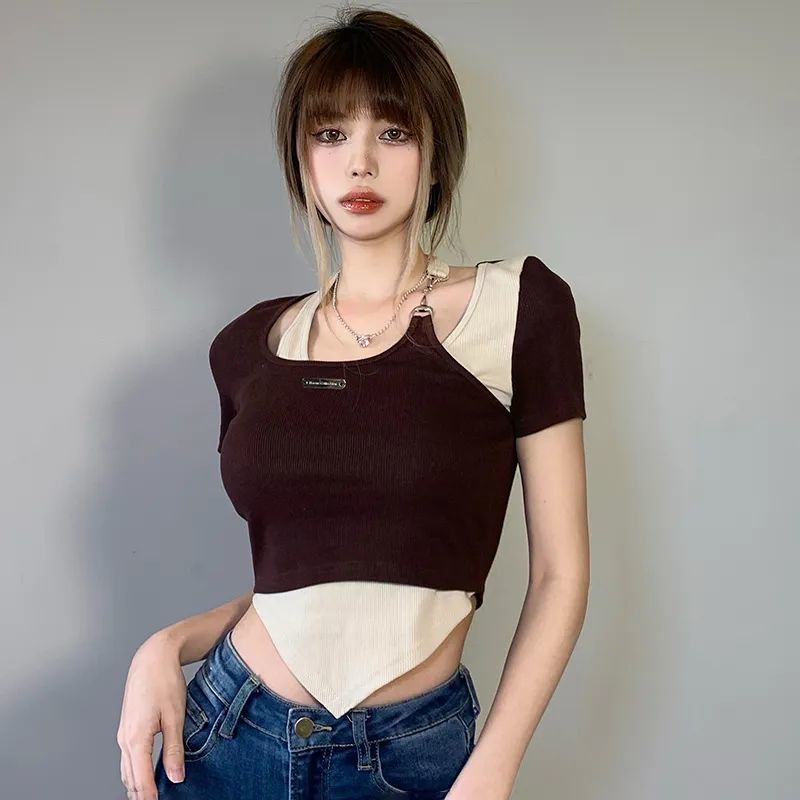 Áo Thun Lửng Ngắn Tay Giả Hai Lớp Phong Cách Trẻ Trung Dành Cho Nữ