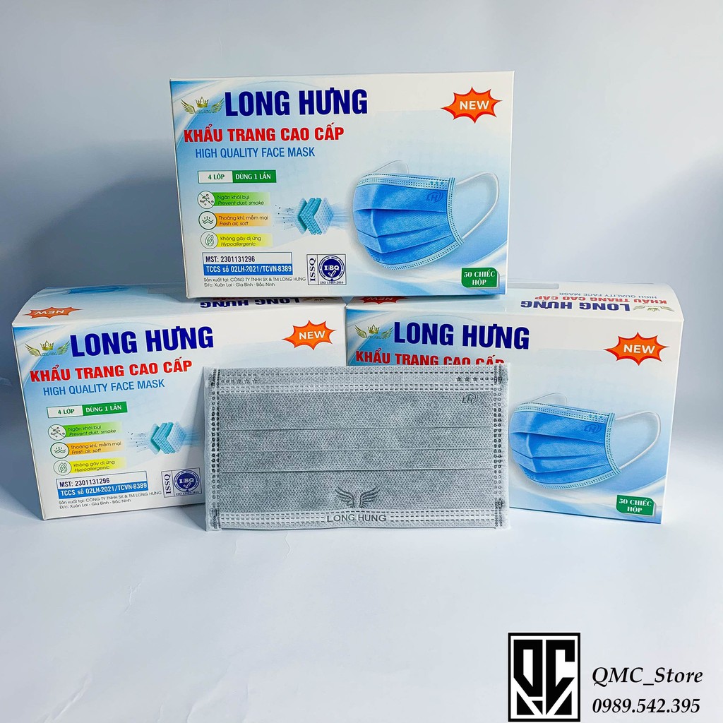 Khẩu trang y tế,Khẩu trang Long Hưng 4 lớp, màu xám, hàng chính hãng, hộp 50c &lt; GIÁ SỐC&gt; #QMC