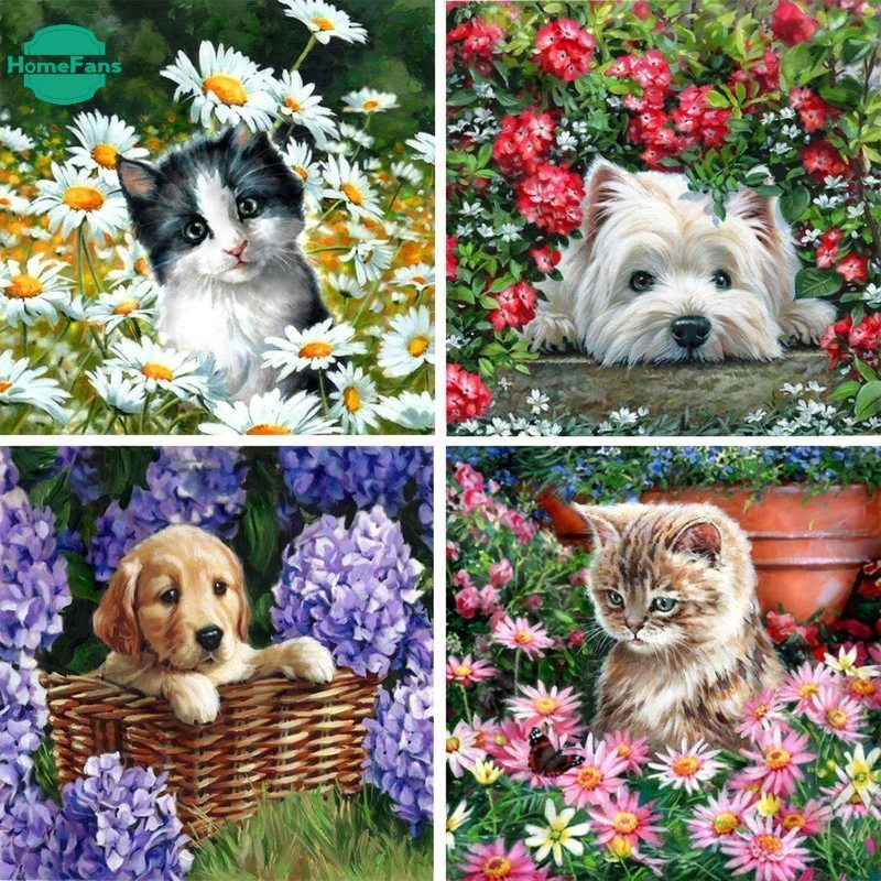 Bộ tranh đính đá 5D tự làm hình mèo và hoa 4 kiểu trang trí tường nhà (30x30 cm)