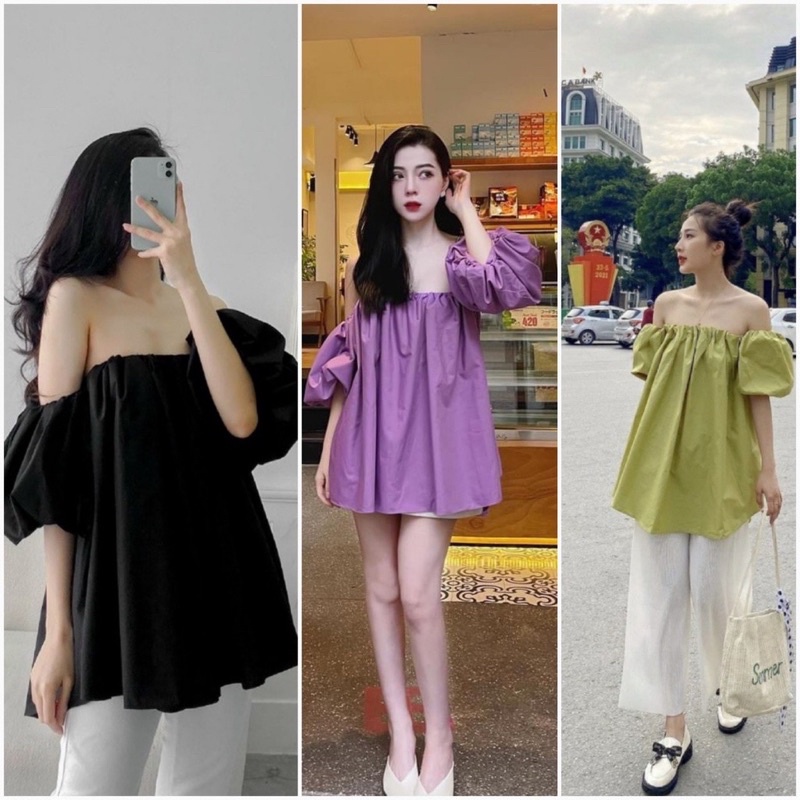 [Hàng Đẹp] Áo Thô Trễ Vai Tay Phồng Dáng Giấu Quần Siêu Xinh Có Ảnh Thật Kèm Video