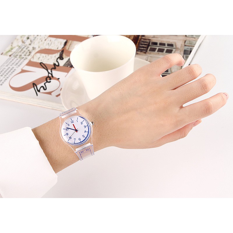 [Siêu Rẻ] Đồng hồ nữ Quartz, dây nhựa dẻo trong suốt, đồng hồ trắng mặt số tròn