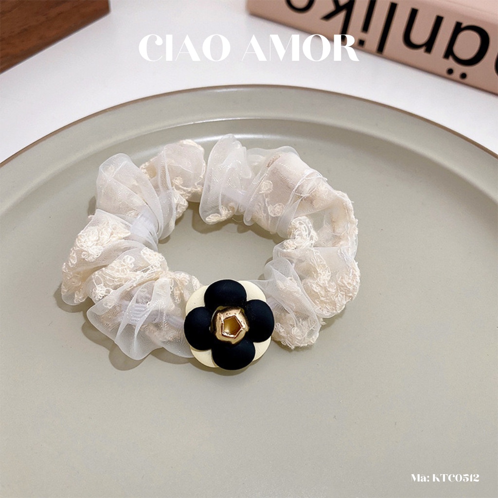 Cột tóc nữ, Chun tóc dây hạt vải đen hoa trắng sữa Trang sức Ciao Amor - KTC0512