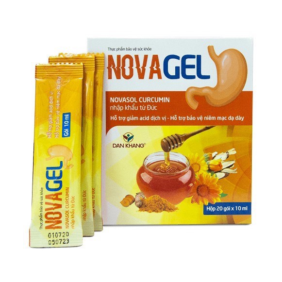 Sản Phẩm Novagel Novasol Curcumin hỗ trợ giảm acid dịch vị và bảo vệ niêm mạc dạ dày, hộp 20 gói