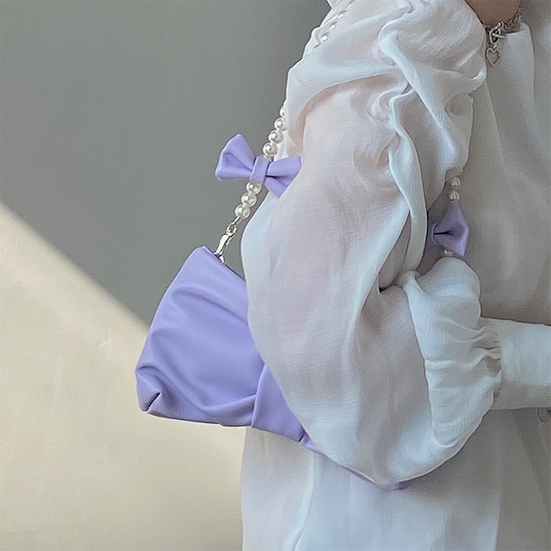 Túi Xách Đeo Vai Một Bên Vai Cầm Tay Đính Nơ Ngọc Trai Nhỏ Tươi Mới Phong Cách Hàn Quốc Cho Nữ 2022