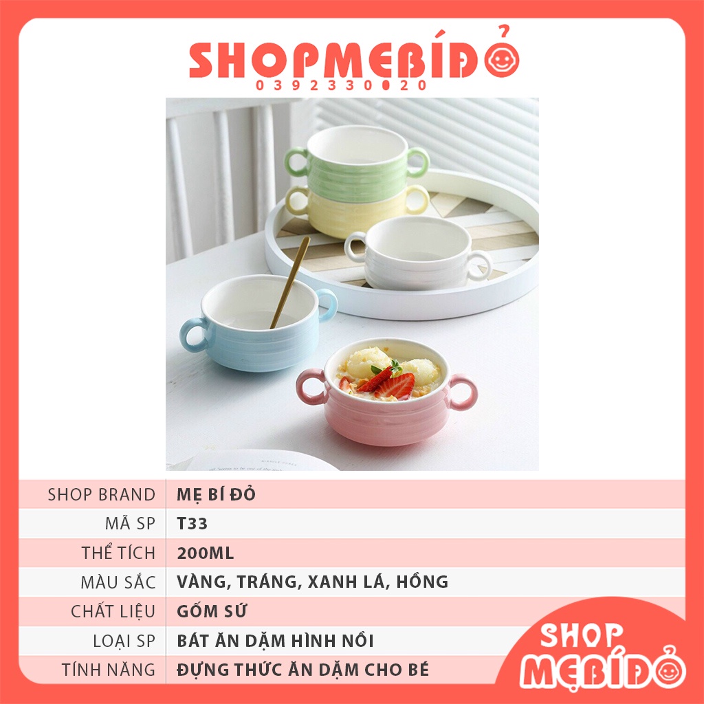 Bát Ăn Dặm Gốm Sứ Hình Nồi 2 Quai Không Nắp Cho Bé T33
