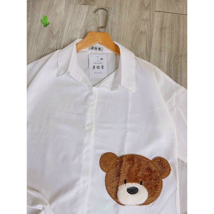 sét bộ đùi phối áo sơ mi tay ngắn thêu gấu lông