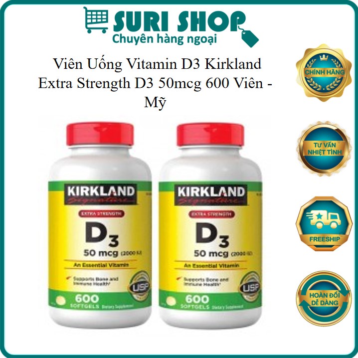 Viên Uống Vitamin D3 Kirkland Extra Strength D3 50mcg 600 Viên - Mỹ