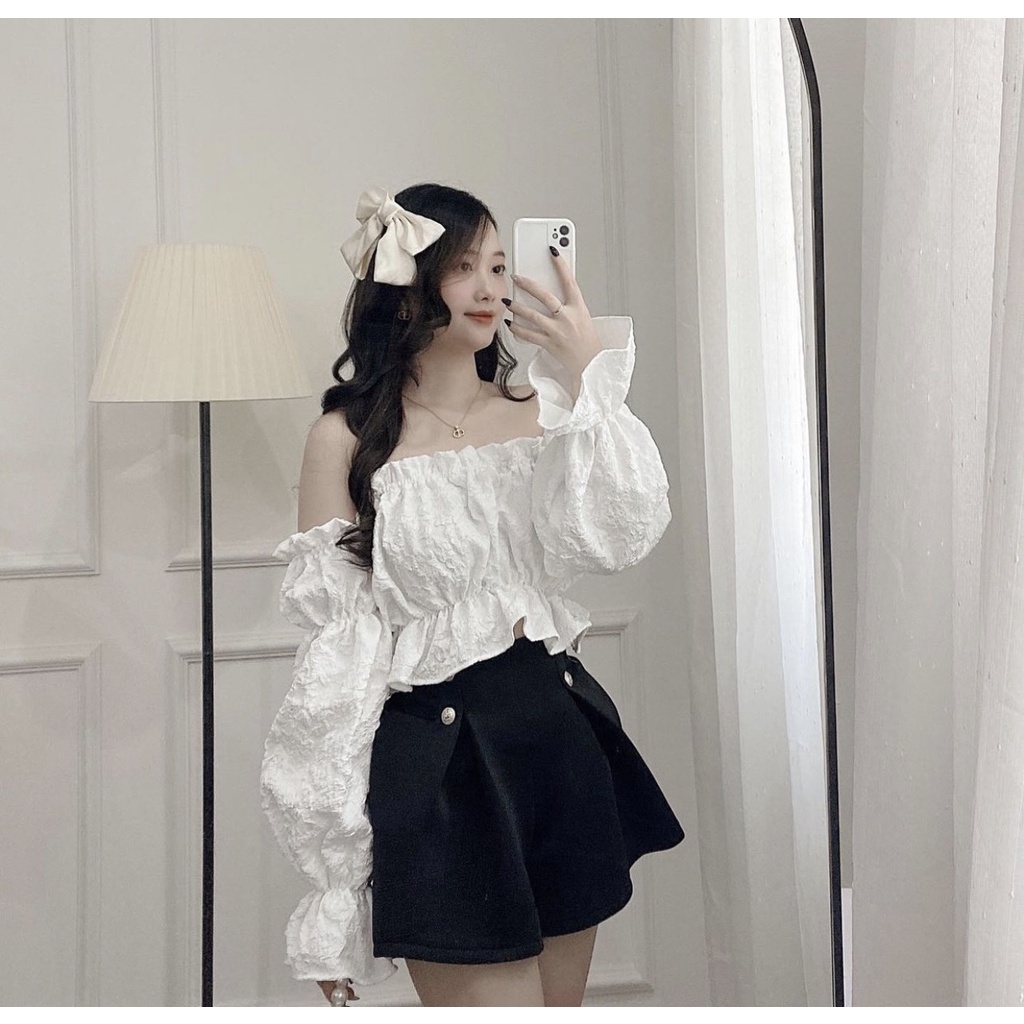 Áo trễ vai hoa gấm bánh bèo Croptop hở vai tay bồng bèo nhún, Áo hở vai đi biển tay dài gấm xốp