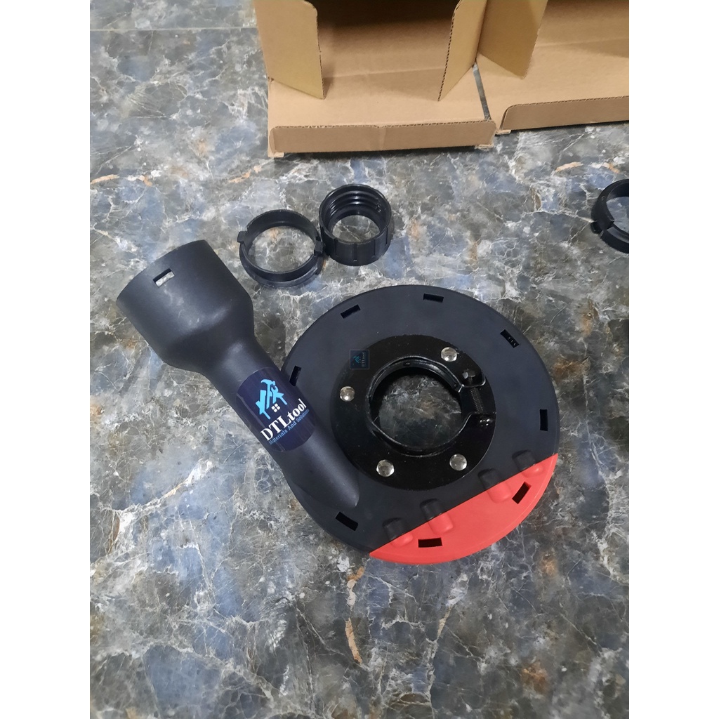 Chụp hút bụi lắp máy mài cầm tay D100mm. Ngăn bụi khi thi công mài, có khay tháo lắp khi mài góc chân tường