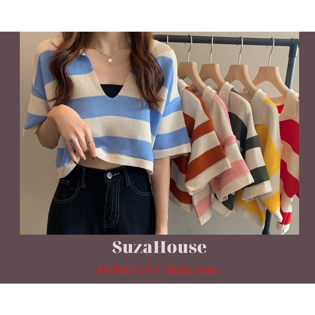 Áo croptop len tăm có cổ polo tay lỡ nhiều màu