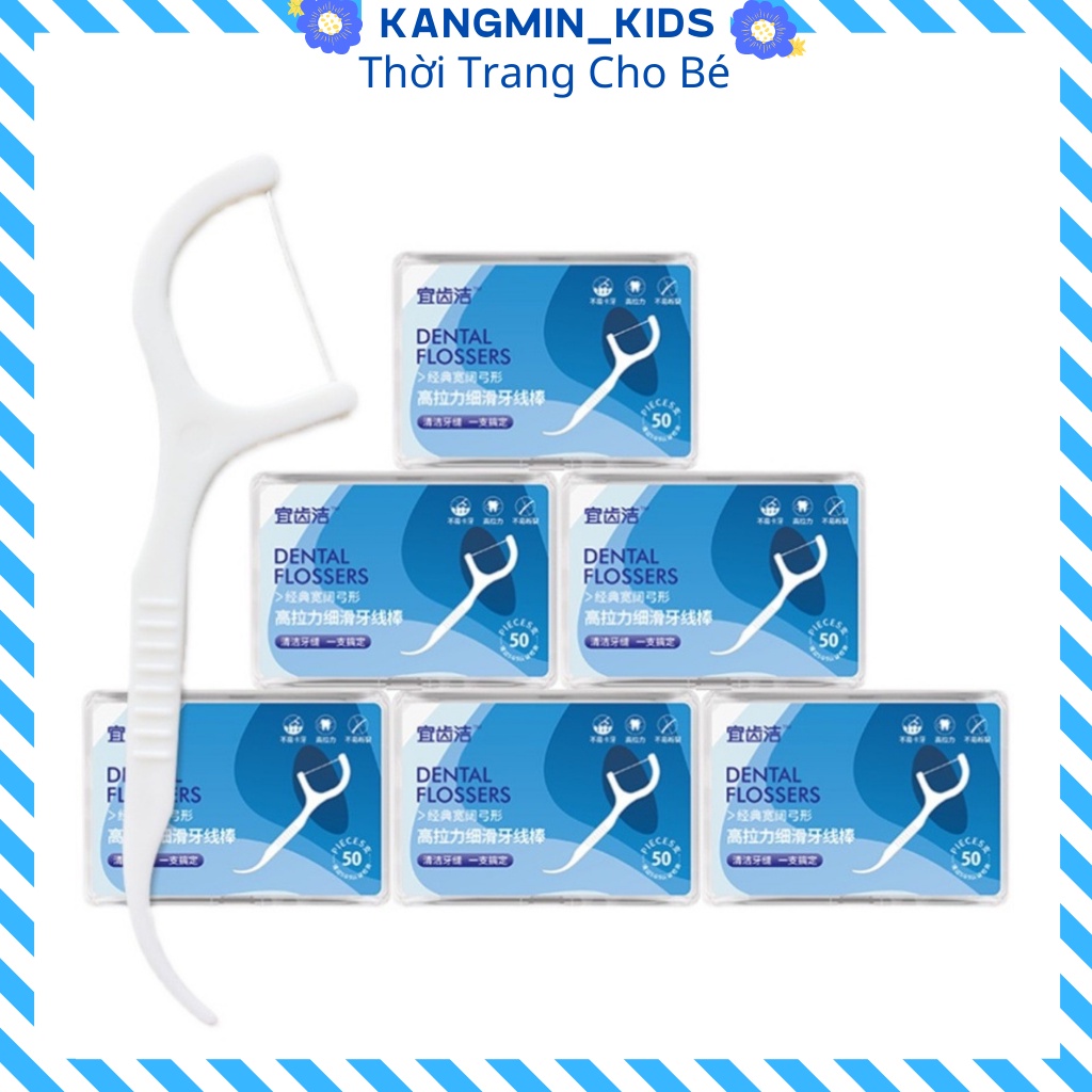 Tăm chỉ nha khoa hộp 50 cái tiệt trùng an toàn Kangmin kids, sợi chỉ mảnh chất lượng cao bảo vệ răng nướu