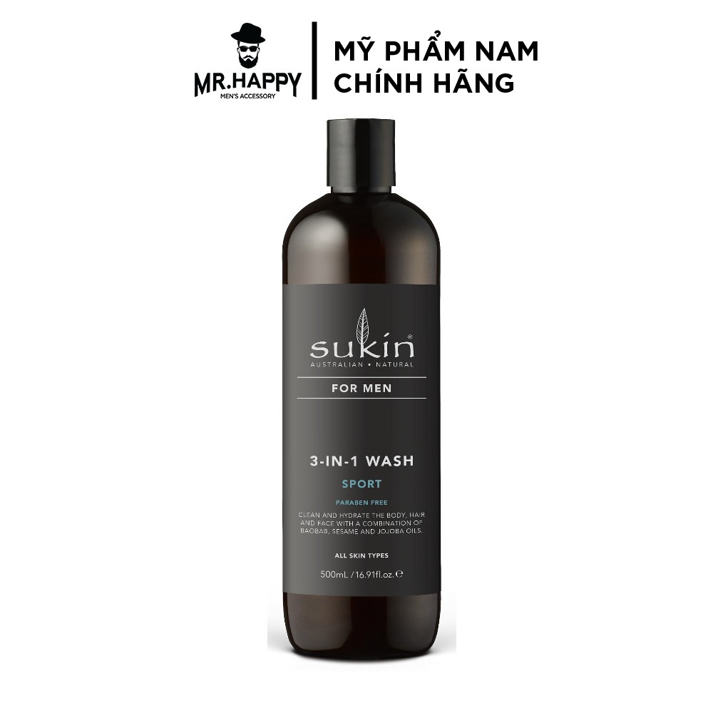 Sữa tắm, gội & rửa mặt 3 in 1 Sukin For Men Sport Wash 500ml