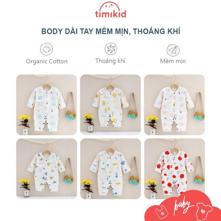 Body Liền Thân Dài Tay Cài Lệch Cho Bé Trai Bé Gái từ 0 đến 1 tuổi - Cotton mềm mịn, thoáng khí