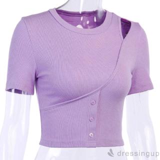 D❃♪Áo ngắn thời trang sọc rốn màu tím dành cho nữ (S / M / L)