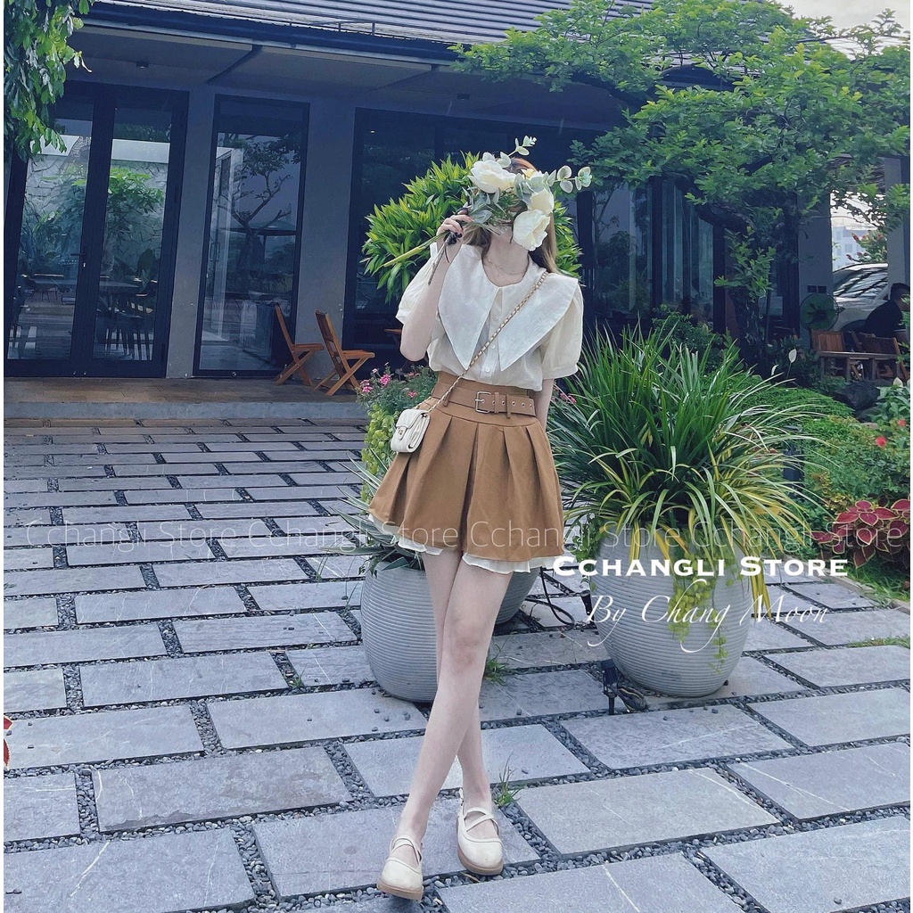 Bộ Áo Sơ Mi Cộc Tay Tiểu Thư Kèm Chân Váy Kaki Xòe Viền Bèo 🦋 Set Áo Nữ Cổ Sen Kèm Váy 2 Lớp Siêu Xinh 🦋