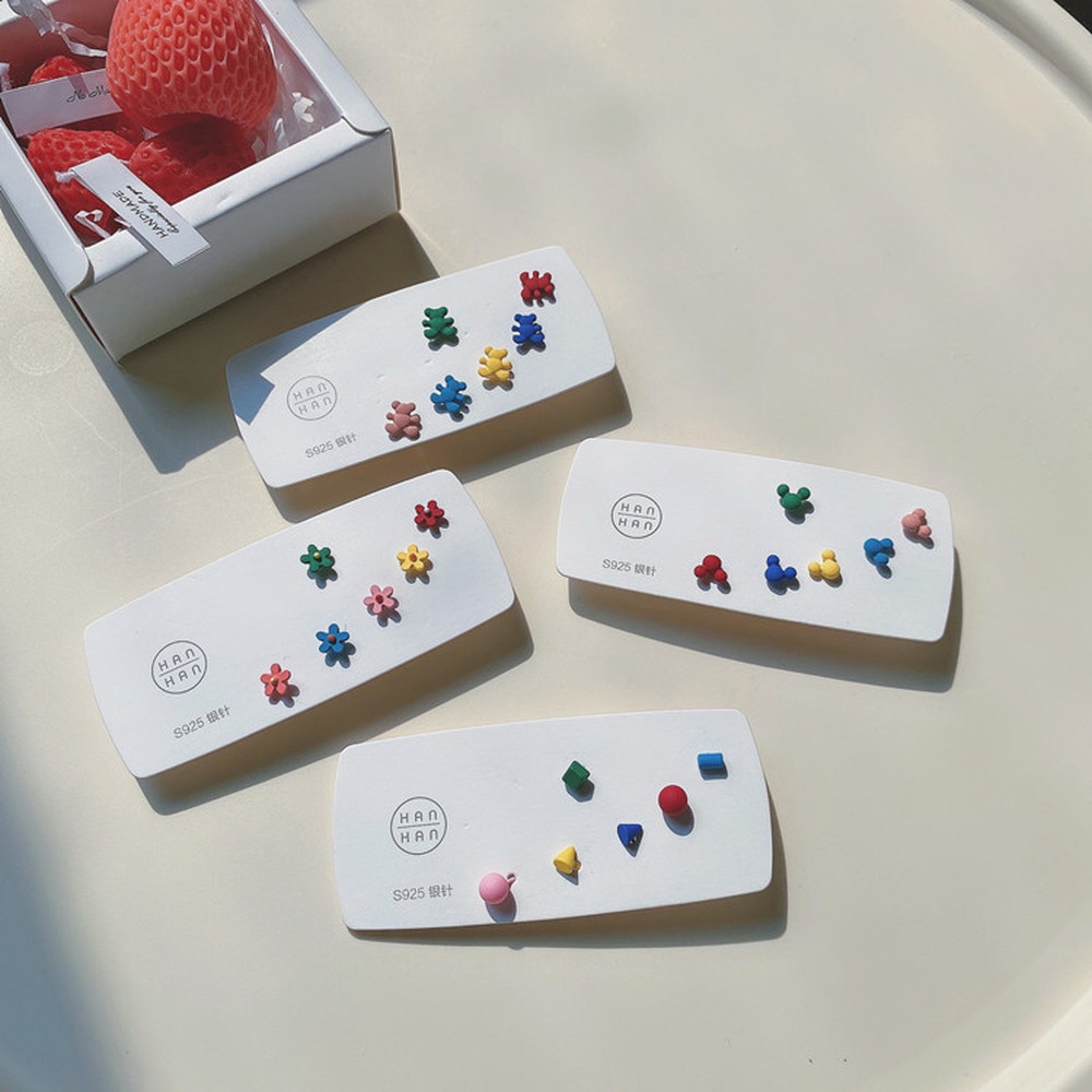 Bộ 3 Đôi Bông Tai Mạ Bạc 925 Hình Hoa Cúc / Hình Vuông Phong Cách Hàn Quốc Thời Trang Cho Nữ
