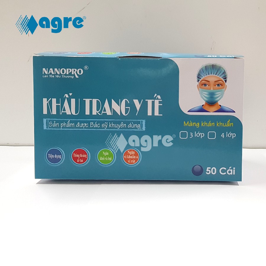 ( Hộp 50 Cái ) Khẩu Trang Y Tế Kháng Khuẩn 4 lớp Cao Cấp Không Thấm Nuớc NANOPRO