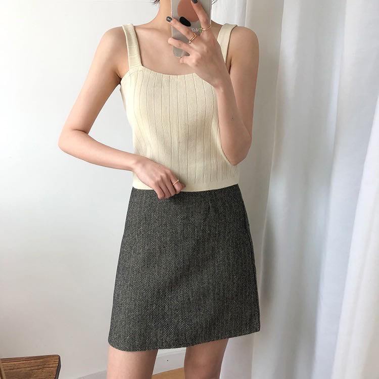 Áo Tank Top Dệt Kim Kẻ Sọc Màu Sắc Đơn Giản Phong Cách Hàn Quốc Cho Nữ