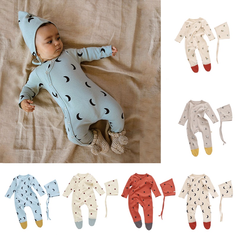 Bộ Áo Liền Quần Tay Dài In Họa Tiết Dễ Thương Thời Trang Xuân Thu Cho Bé Sơ Sinh