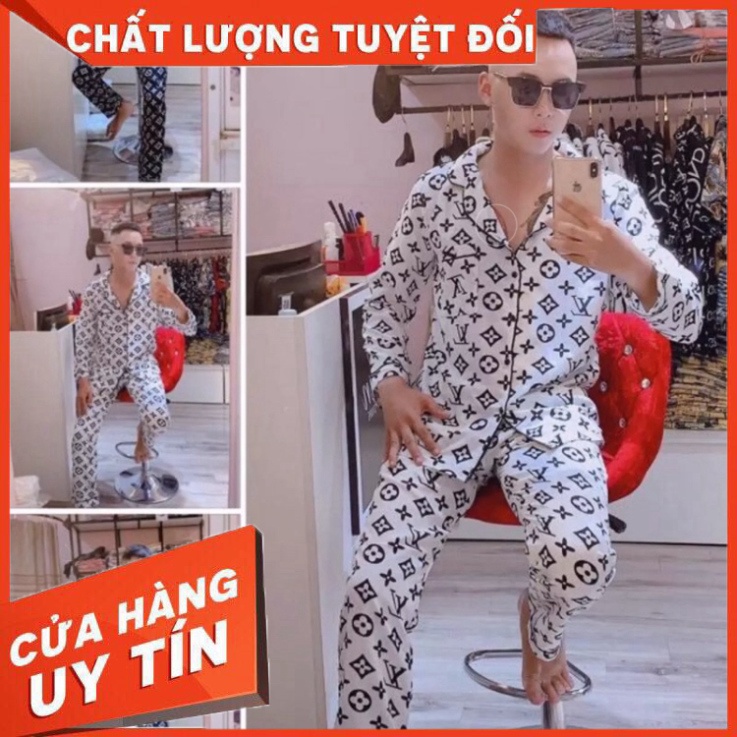 Bộ ngủ pijama nam LV trắng tay dài quần dài form rộng chất kate thái siêu chất - Đồ ngủ nam - Hàng nhập khẩu