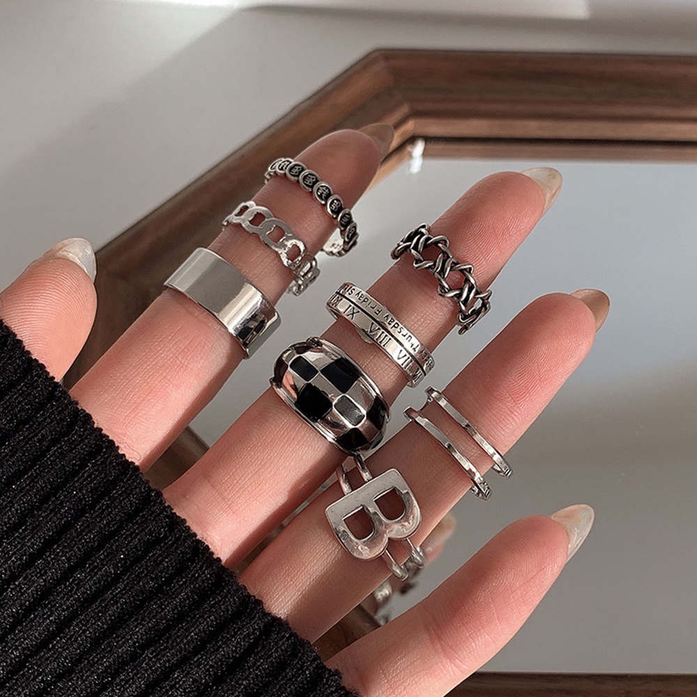 Nhẫn IF YOU bạc họa tiết ô vuông trắng đen phong cách cổ điển thời trang cho nữ