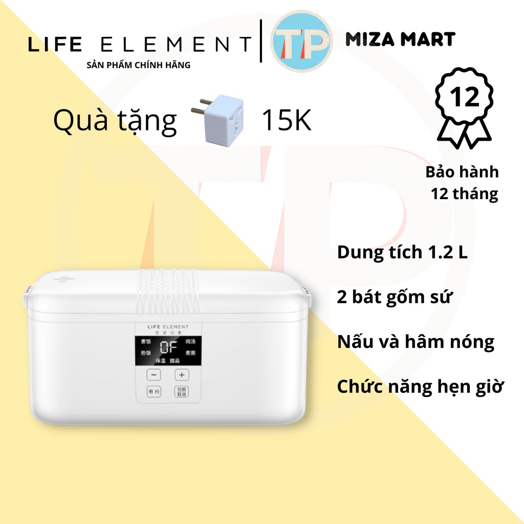 Hộp cơm cắm điện hẹn giờ Life element, 2 bát gốm sứ to, giữ nhiệt và nấu chín, sử dụng cho văn phòng