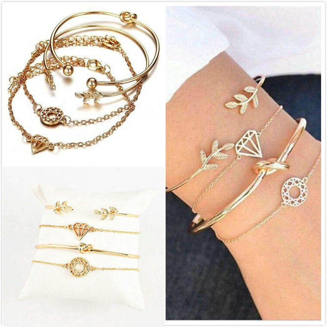 fashion woman 4pcs/set boho Vintage leaves Rhinestone Hollow elegant Bracelet jewelry set