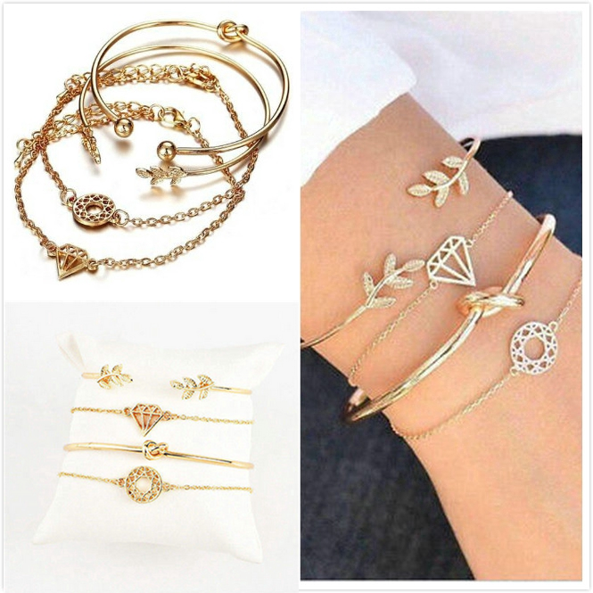 [Mã FAMAYFA giảm 10K đơn 50K] fashion woman 4pcs/set boho Vintage leaves Rhinestone Hollow elegant Bracelet jewelry set