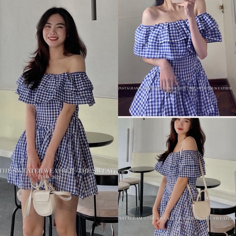 [Ảnh thật/Video]Đầm kẻ trễ vai bồng bềnh thiết kế ôm eo siêu tôn dáng Váy tiểu thư sang chảnh