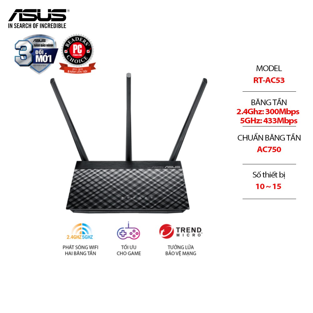 Bộ phát wifi Asus RT-AC53 Chuẩn AC750, 2 băng tần - Chính Hãng