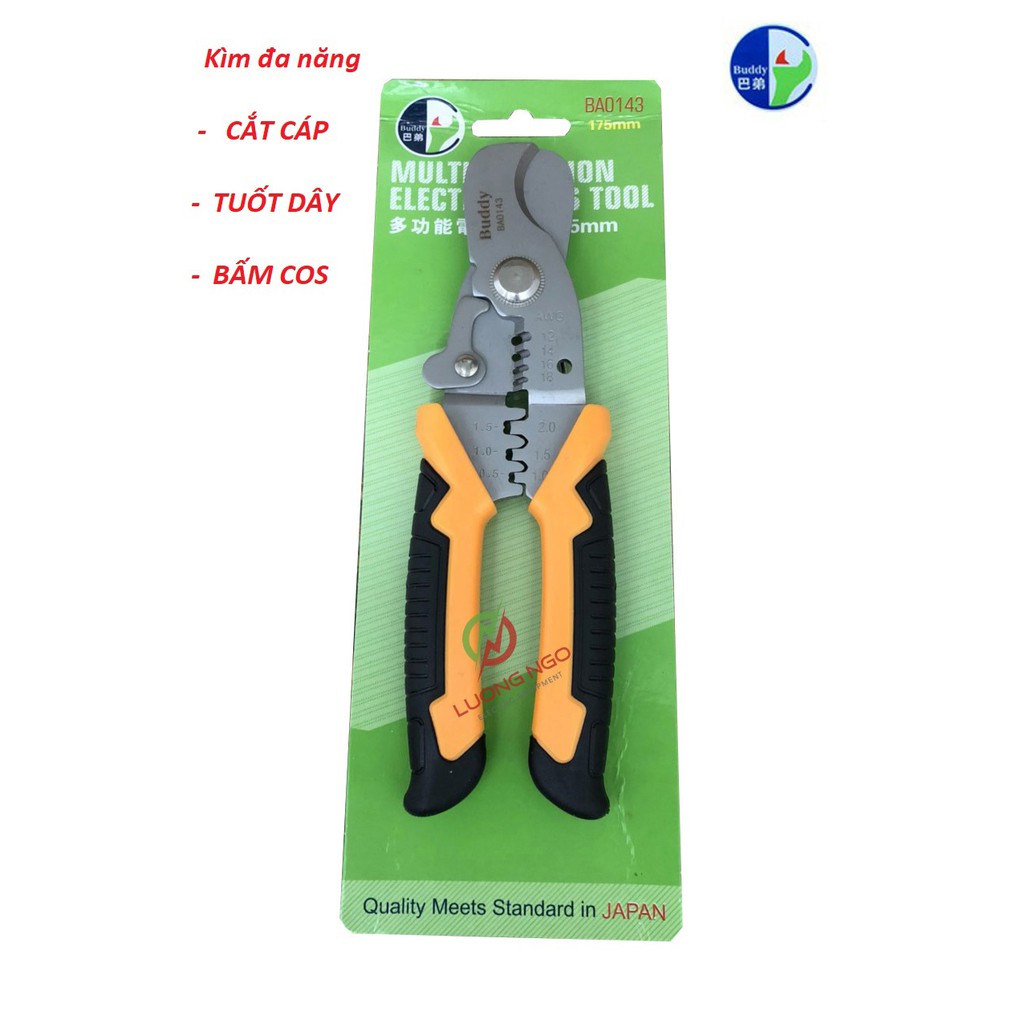 Kìm cắt dây đa năng cao cấp Nhật Bản 3 trong 1 Buddy BA0143 175mm Cắt cáp-Tuốt dây-Bấm cos.