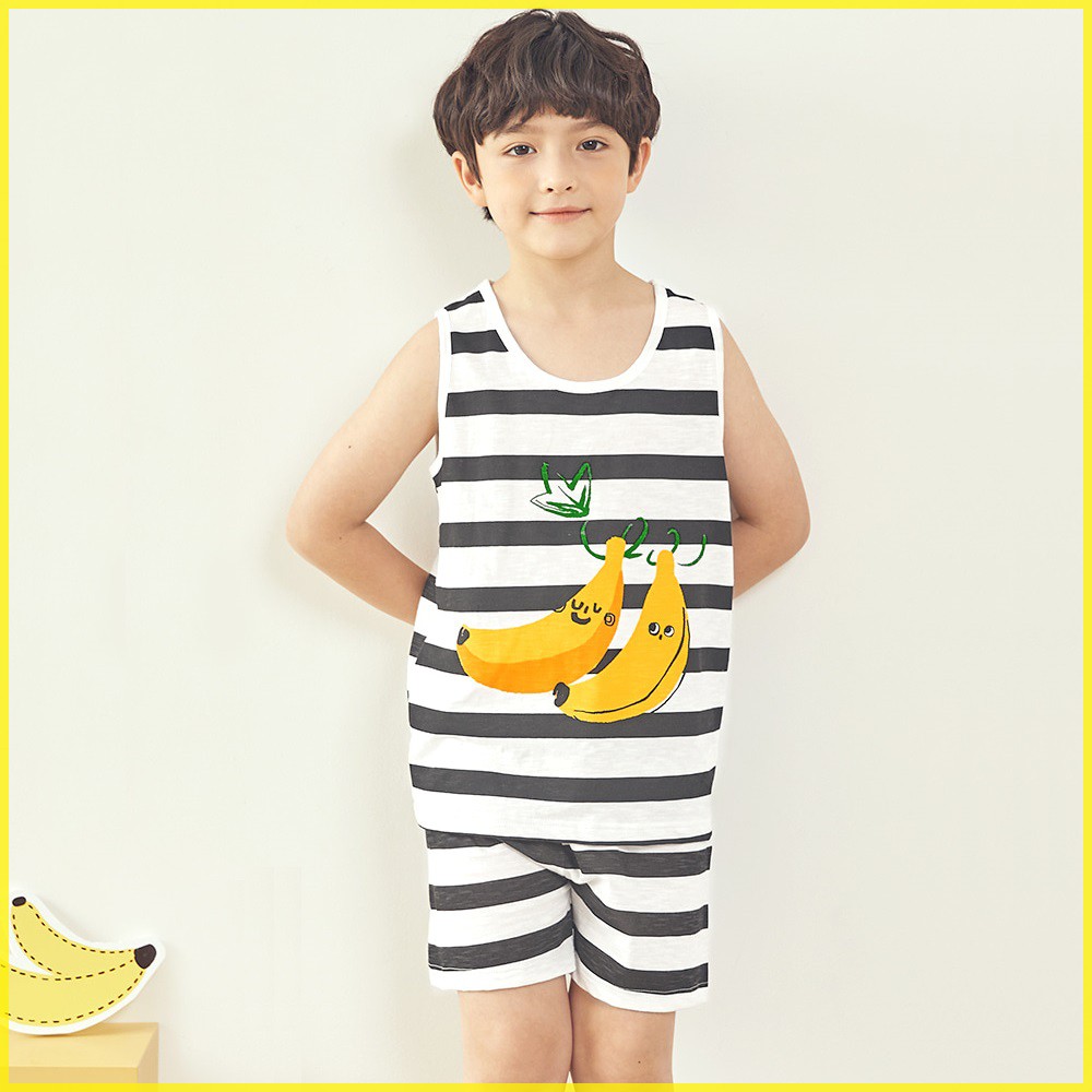 Kids Pajamas Boys Sleepwear Clothes Set Home Wear, Sleeveless 100% Organic, Boys Pyjamas Nightwear (Black ST Banana)