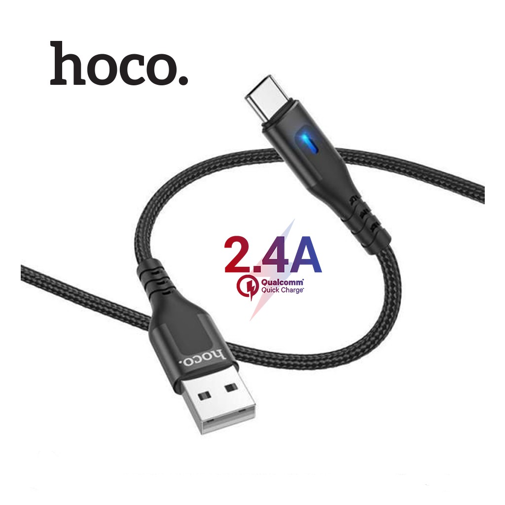Cáp sạc Hoco DU08/DU08 Plus USB to Type-C, sạc nhanh 2.4A, dây bọc dù chống đứt, gẫy gập, có đèn LED dài 100cm/200cm