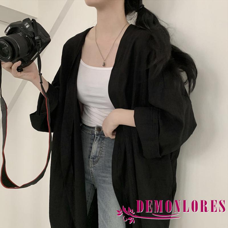 Áo Khoác Cardigan Tay Dài Màu Trơn Dáng Rộng Xẻ Tà Thời Trang Mùa Hè Cho Nữ