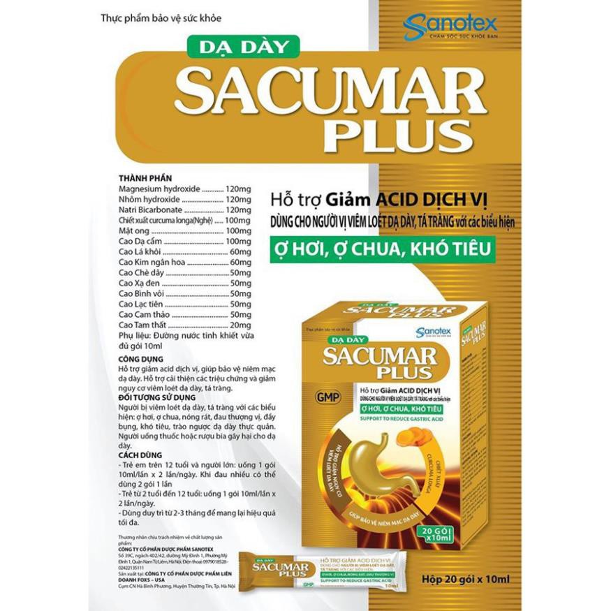 [CHÍNH HÃNG Sacumar Plus  - Hỗ Trợ Giảm Acid Dịch Vị Dạ Dày - Hộp 20 gói