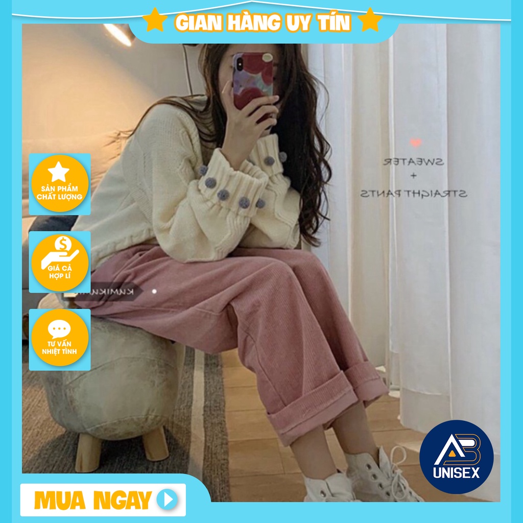 Quần nhung tăm ống rộng nữ lưng cao 3 màu đen hồng kem dài 100cm suông phong cách Hàn Quốc