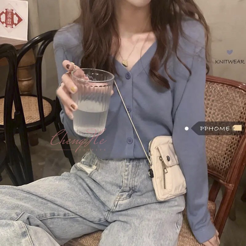 Áo khoác cardigan len nữ dáng lửng croptop cài cúc cổ V dài tay ôm dáng thu đông A00052