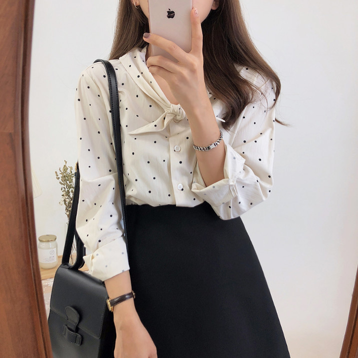 Áo sơ mi tay dài chấm bi phối nơ xinh xắn dành cho nữ 27057