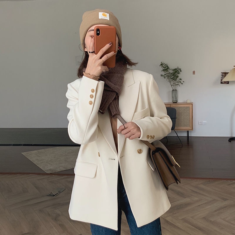 Áo Khoác Vest Có Đệm Vai Màu Trắng Phong Cách Hàn Quốc Thời Trang 202 Cho Nữ