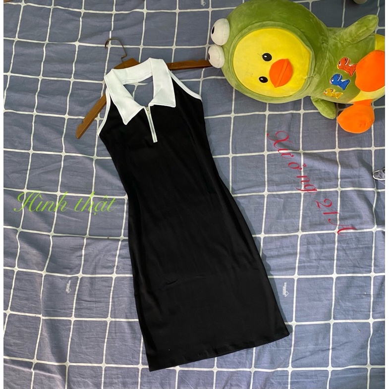 Váy đầm body cổ trụ phối dây kéo ,đầm body hở lưng chất bo zip mịn mát co giãn 2 size S,M