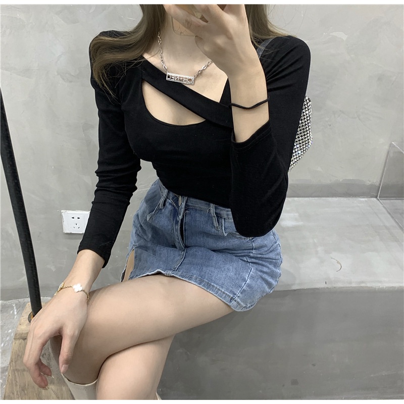 Áo thun nữ tay dài màu trơn thiết kế đơn giản gợi cảm thời trang