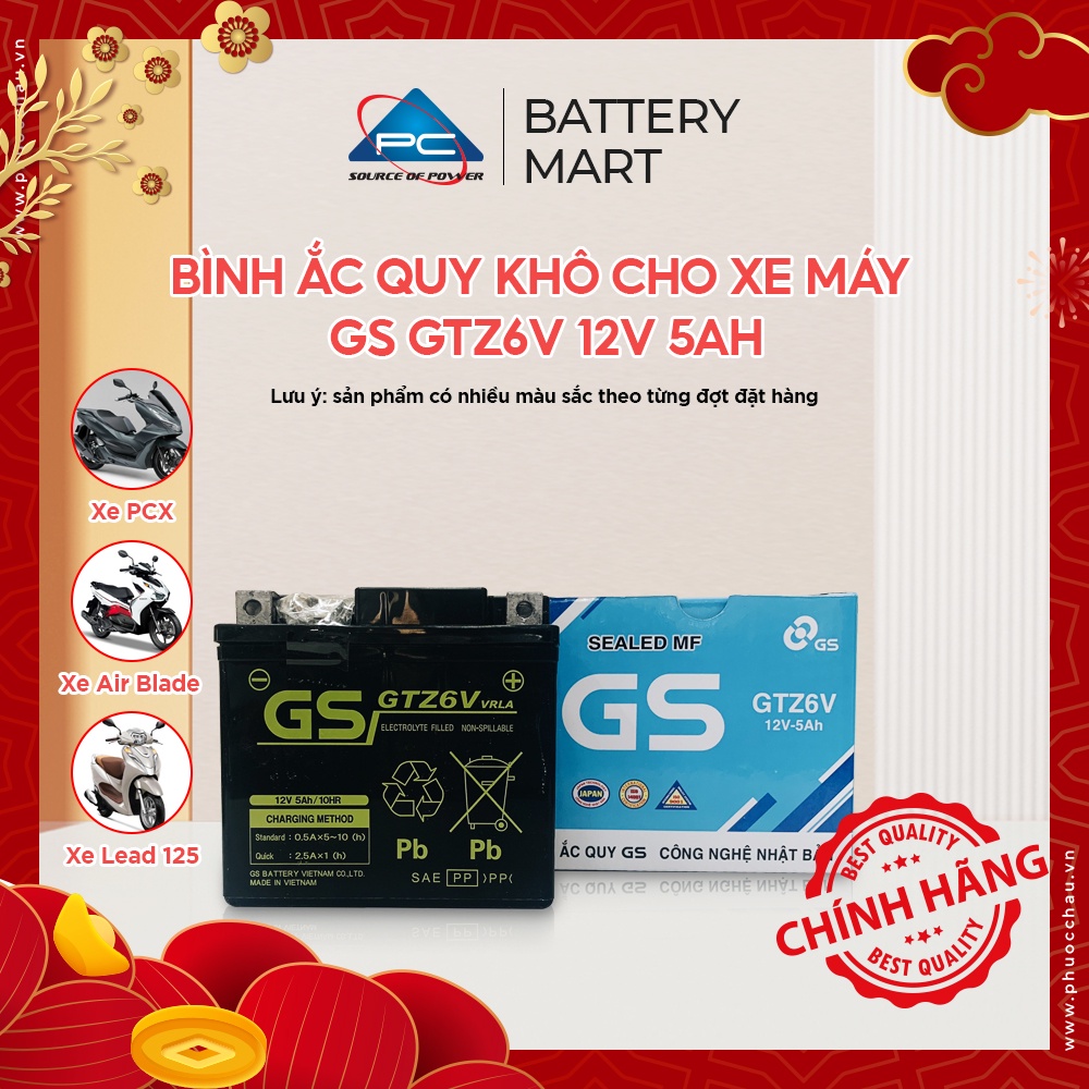 Ắc quy GS khô GTZ6V PCX Vision Lead125, Sh Việt Airblade 125 Winner Grande STD acquy shvn vn Air Blade ab 125 MF 5A 5ah