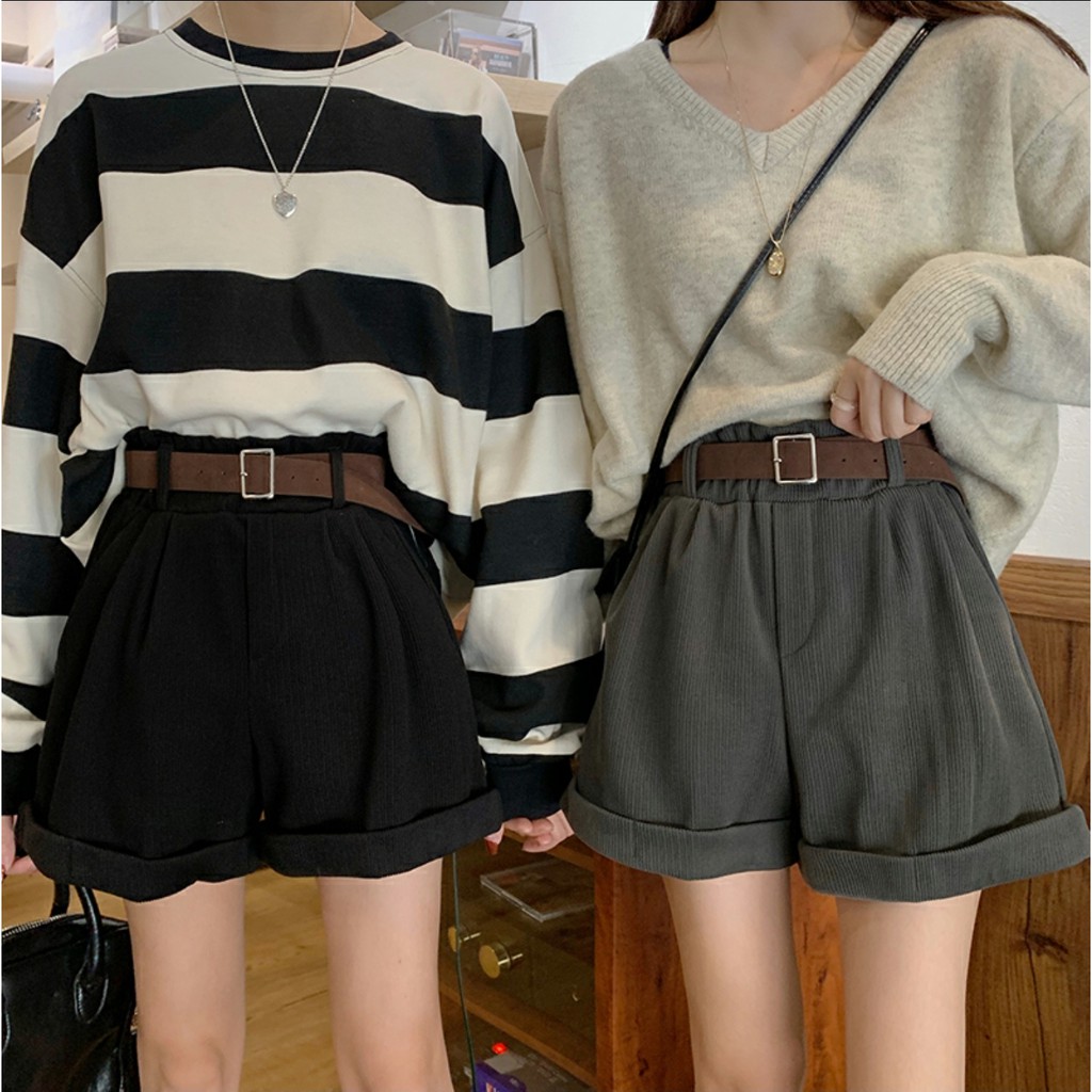 Quần short nhung tăm kèm nịt hàng quảng châu thu đông ống rộng sắn lai