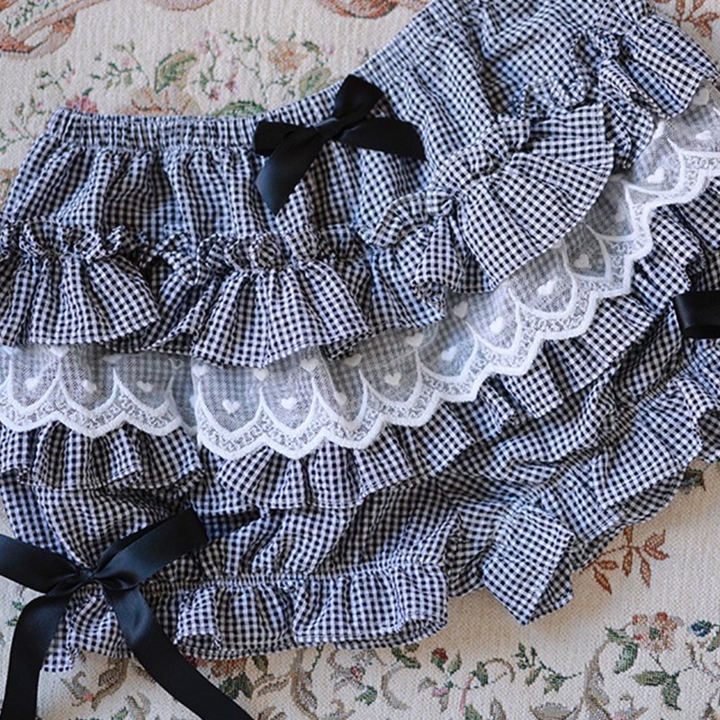 Youyo Quần Short Lolita Nhún Bèo Họa Tiết Caro Nhiều Lớp Viền Ren An Toàn Cho Nữ