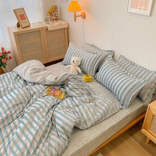Bộ Chăn Ga Gối cotton poly - Mẫu kẻ xanh xước